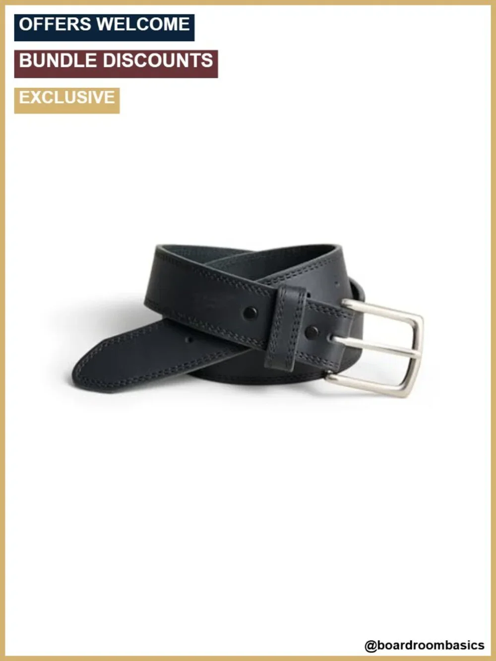 Full-Grain Leather Work Belt with Brass Buckle, Stitched Edges, Made in USA